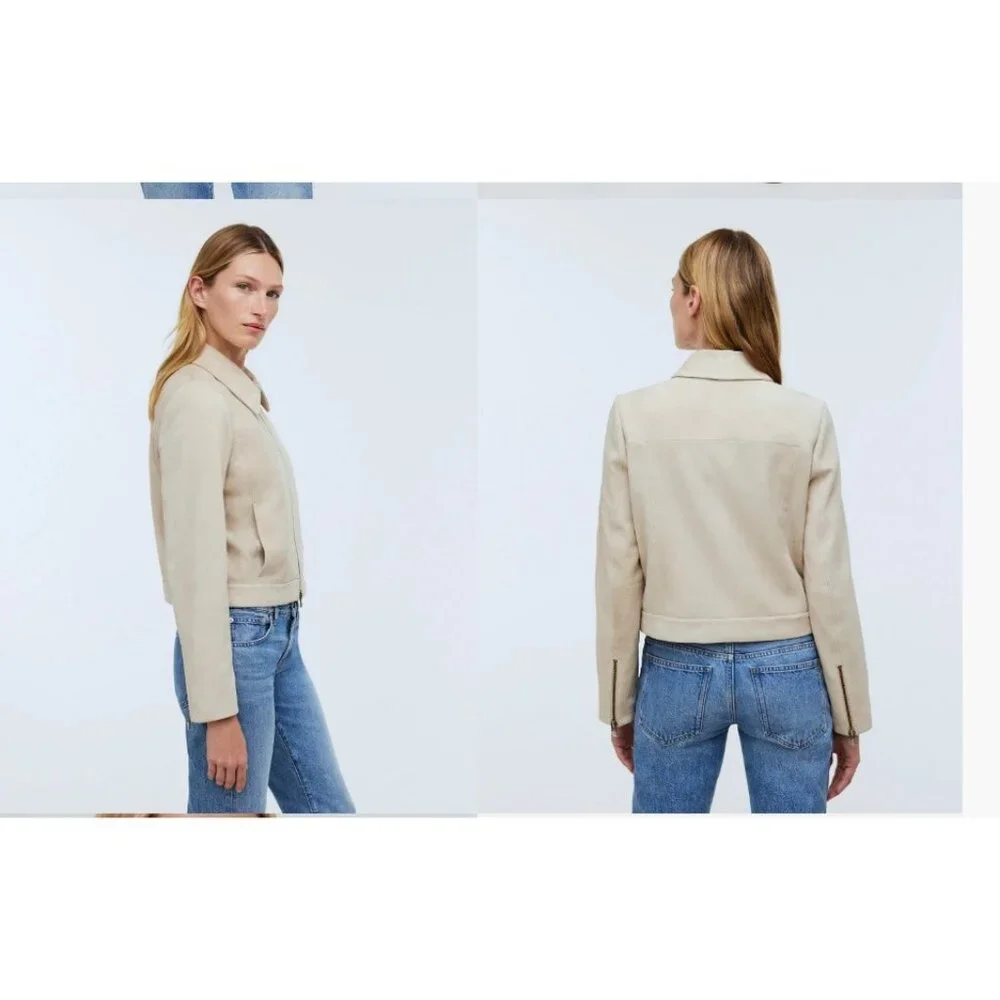 Madewell $498 Shrunken Zip-Front Jacket in Suede Light Sand Size 6 NO887 - Picture 2 of 11